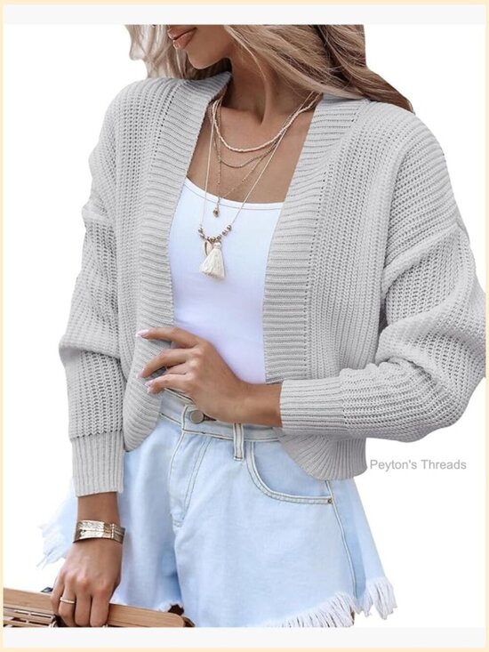 Sweaters - Acrylic Cropped Cardigan Sweater Long Sleeve Open Front Drop Shoulder